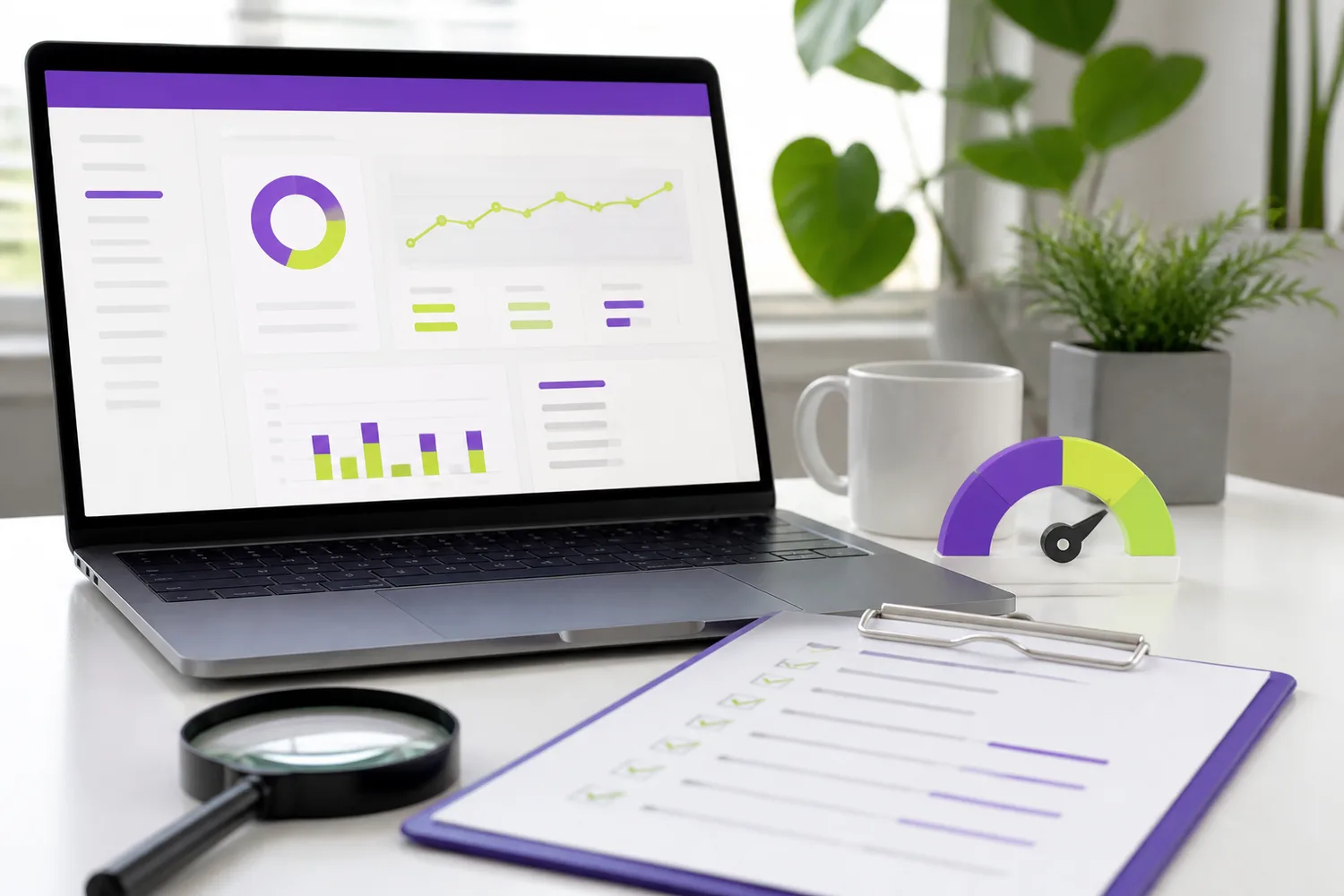 Laptop z panelem diagnostycznym, checklistą, lupą i miernikiem wydajności
