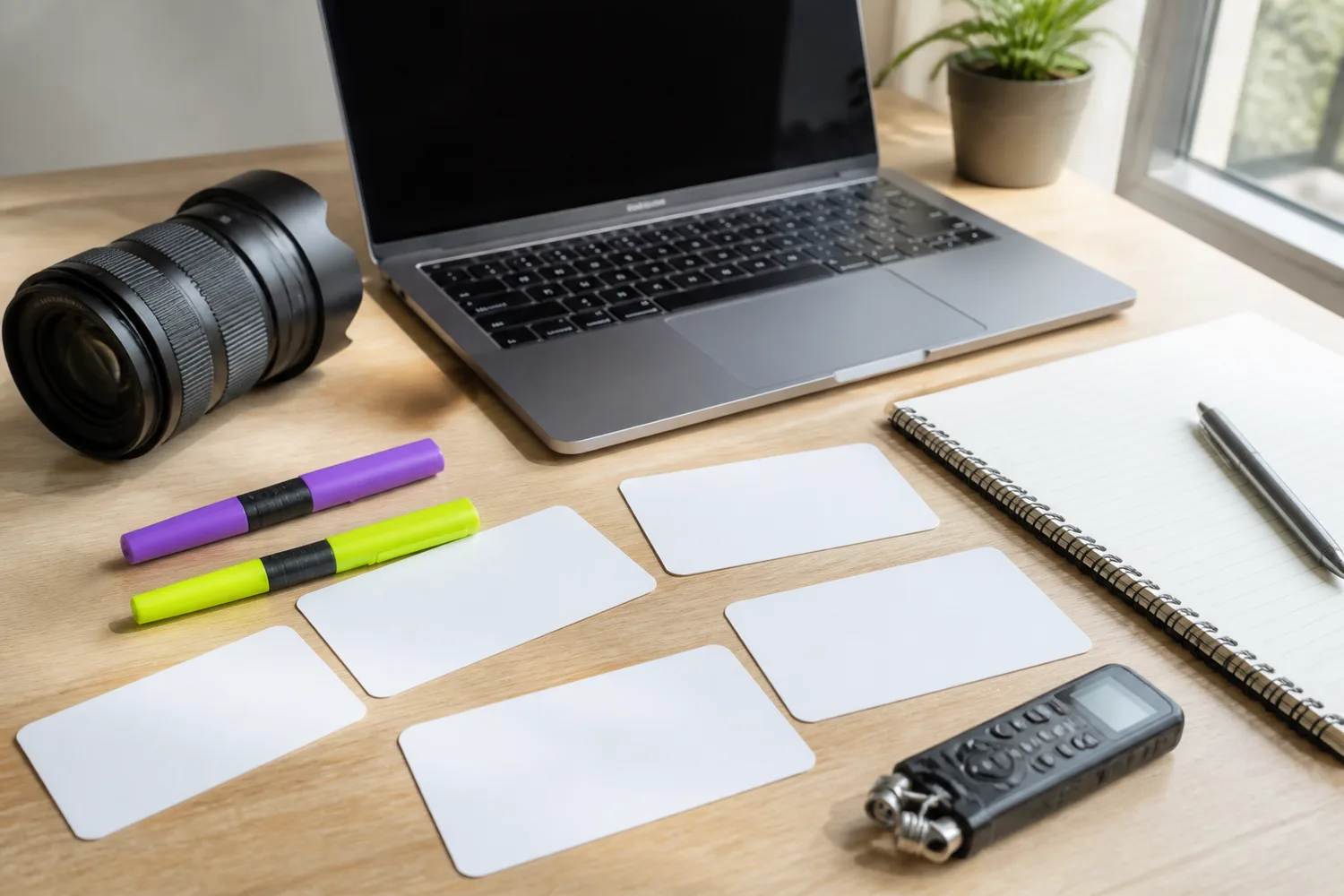 Karty z pytaniami klientów, laptop, aparat i rejestrator do planowania treści